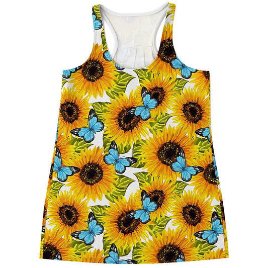 Blue Butterfly Sunflower Pattern Print Women's Racerback Tank Top