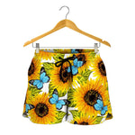 Blue Butterfly Sunflower Pattern Print Women's Shorts