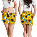 Blue Butterfly Sunflower Pattern Print Women's Shorts