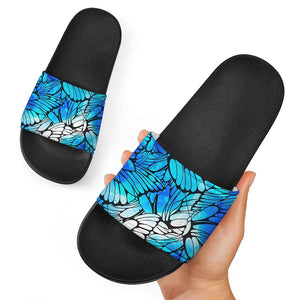 Blue Butterfly Wings Pattern Print Black Slide Sandals