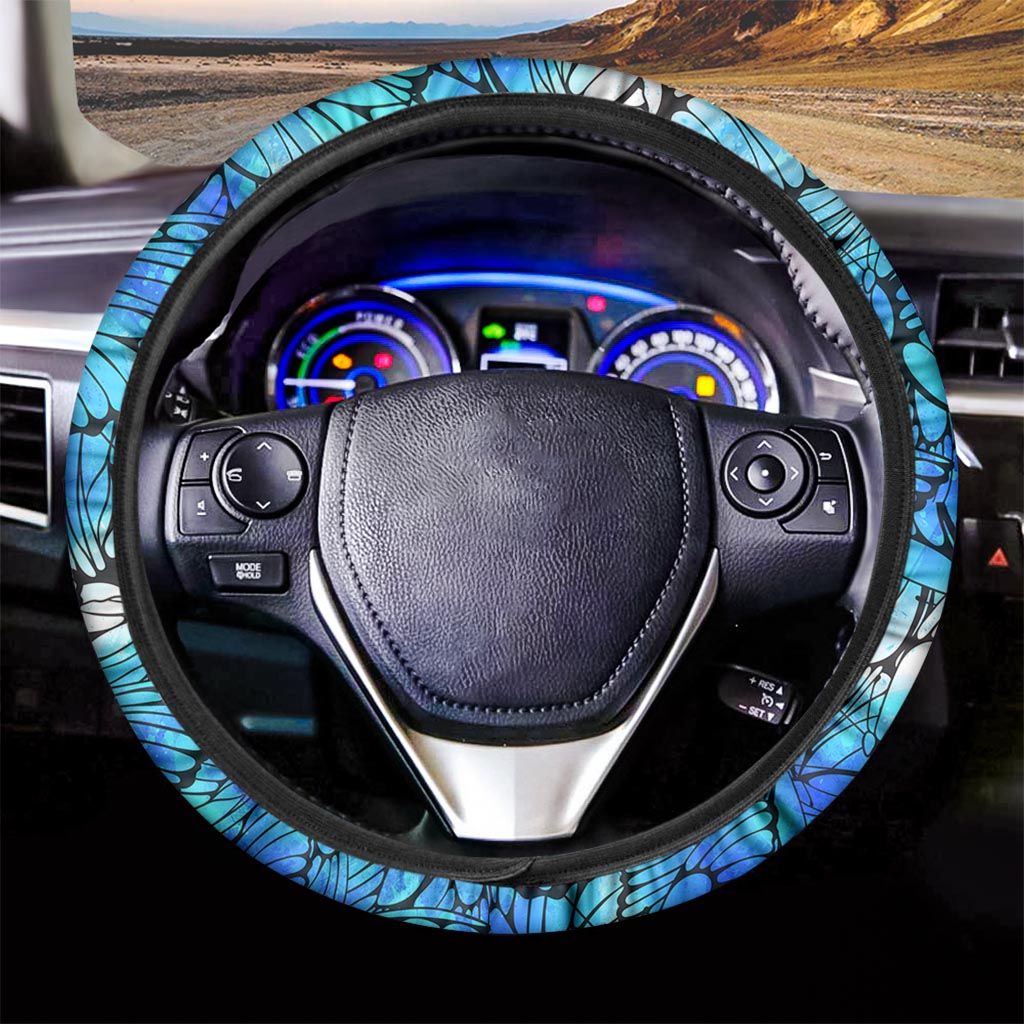 Blue Butterfly Wings Pattern Print Car Steering Wheel Cover