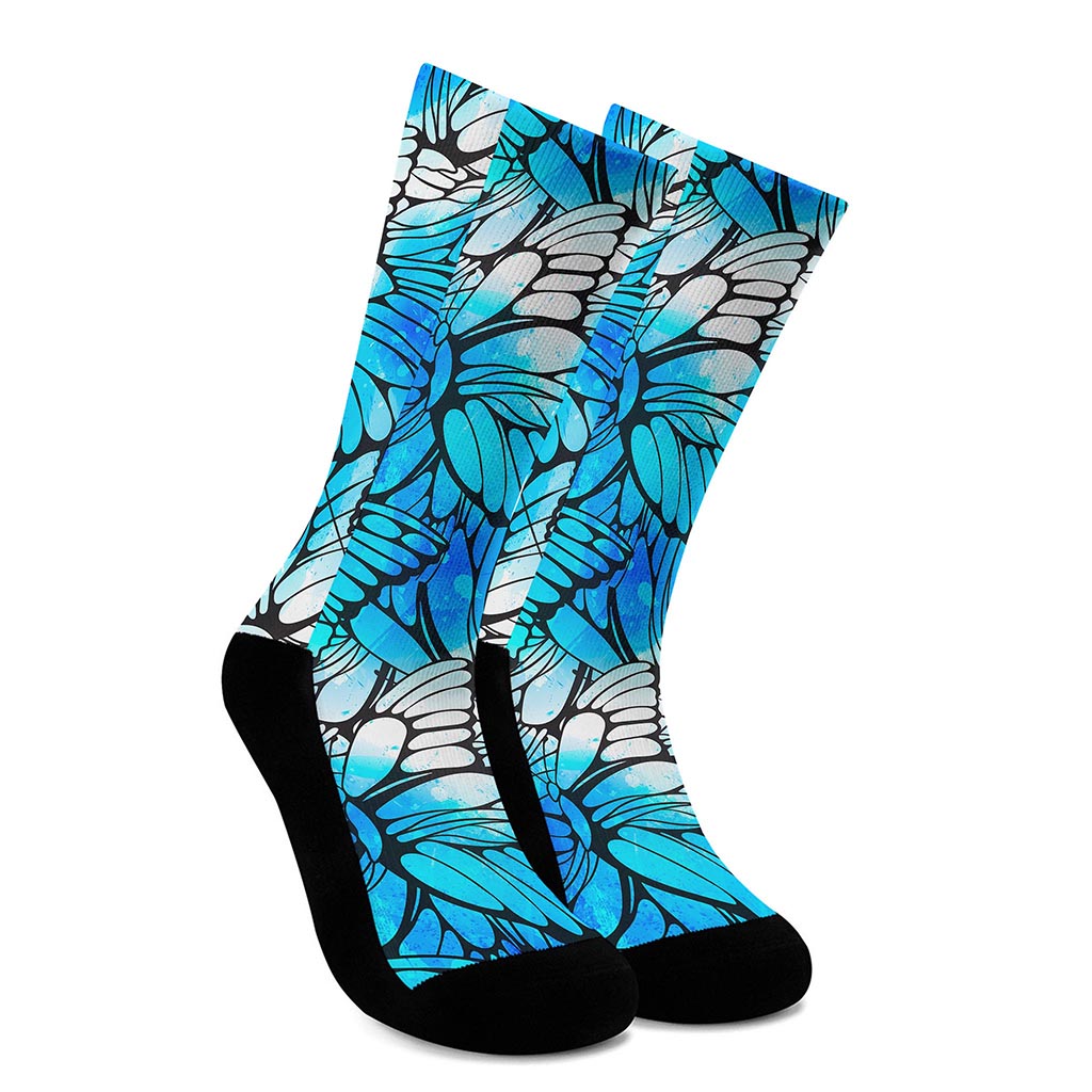 Blue Butterfly Wings Pattern Print Crew Socks