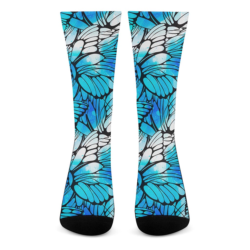 Blue Butterfly Wings Pattern Print Crew Socks