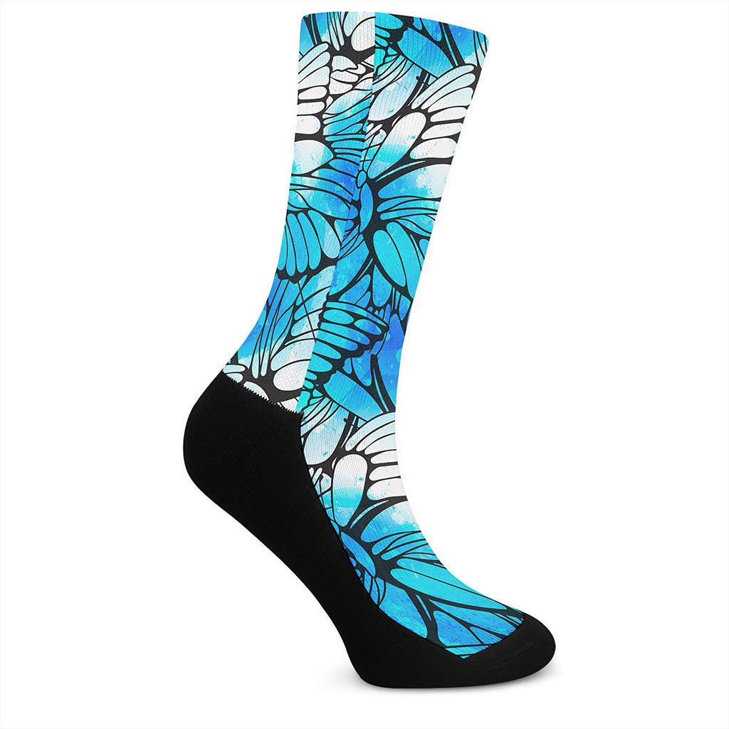 Blue Butterfly Wings Pattern Print Crew Socks