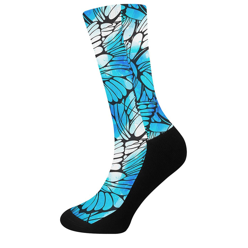 Blue Butterfly Wings Pattern Print Crew Socks