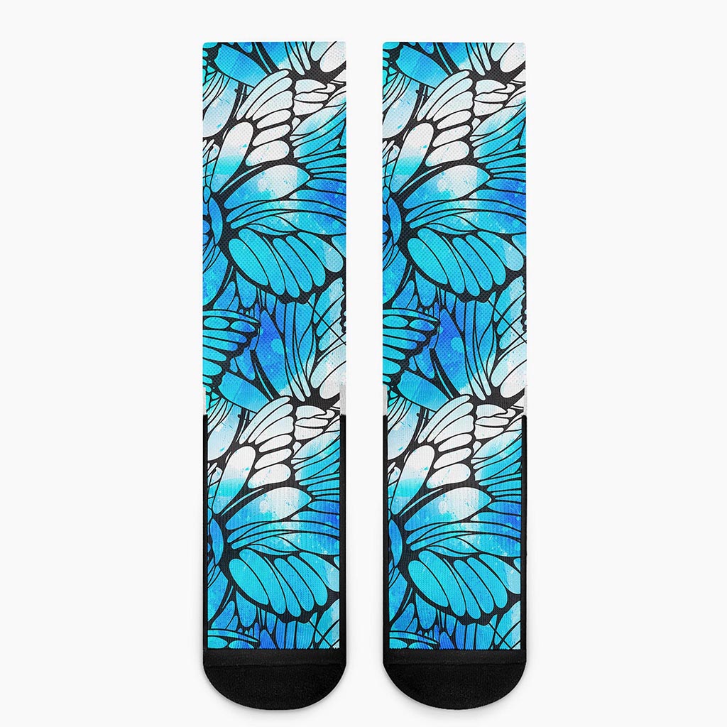 Blue Butterfly Wings Pattern Print Crew Socks
