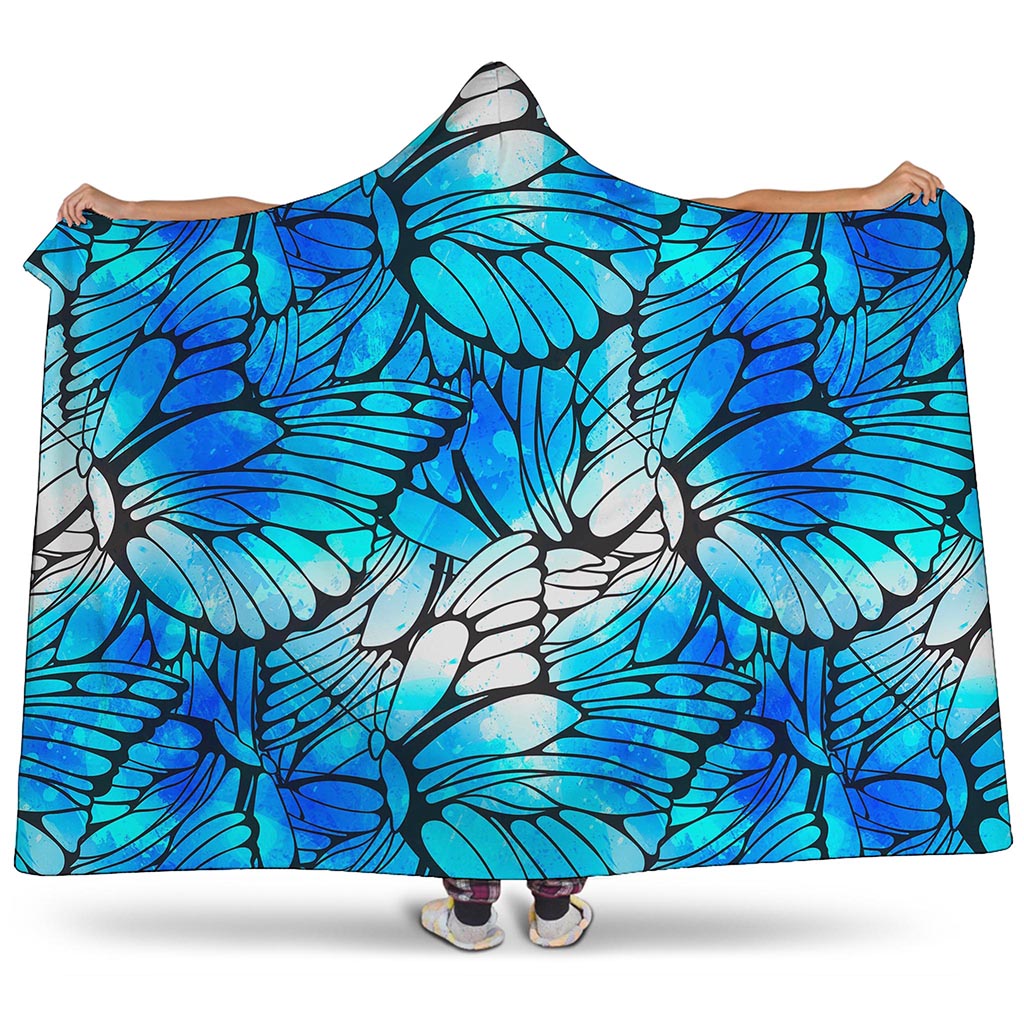 Blue Butterfly Wings Pattern Print Hooded Blanket