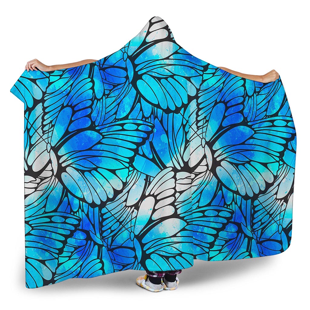 Blue Butterfly Wings Pattern Print Hooded Blanket