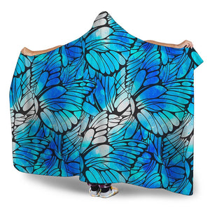Blue Butterfly Wings Pattern Print Hooded Blanket