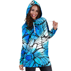 Blue Butterfly Wings Pattern Print Hoodie Dress GearFrost