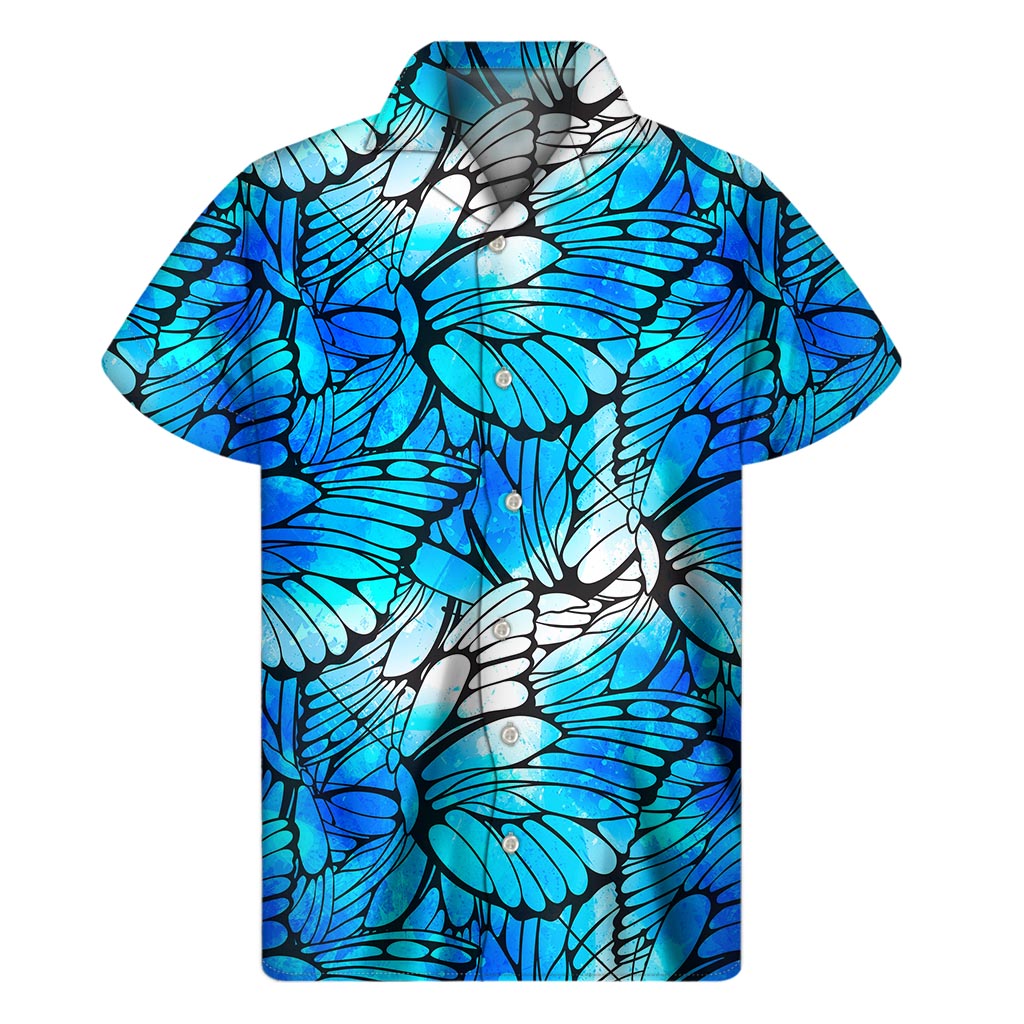 Blue Butterfly Wings Pattern Print Men's Short Sleeve Shirt