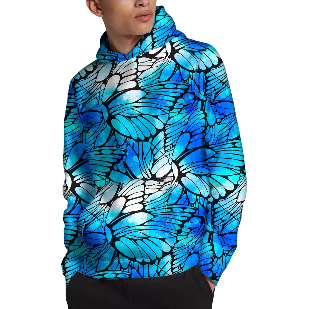 Blue Butterfly Wings Pattern Print Pullover Hoodie