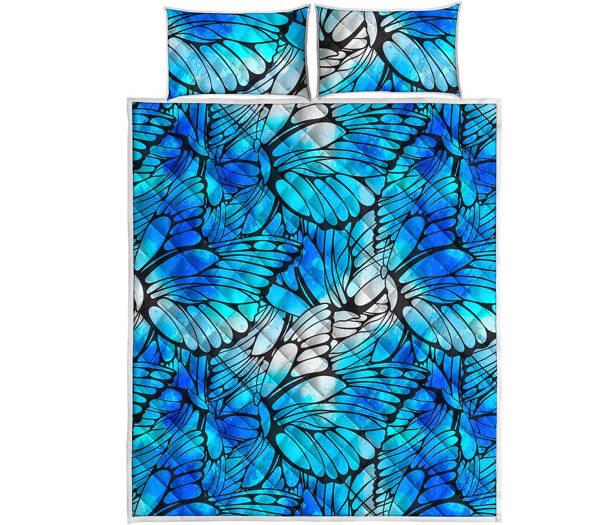 Blue Butterfly Wings Pattern Print Quilt Bed Set