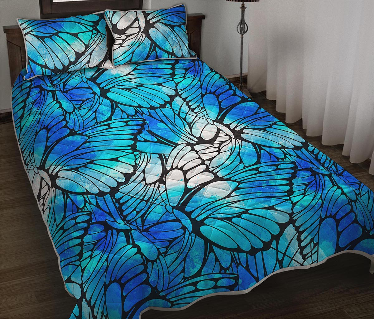 Blue Butterfly Wings Pattern Print Quilt Bed Set