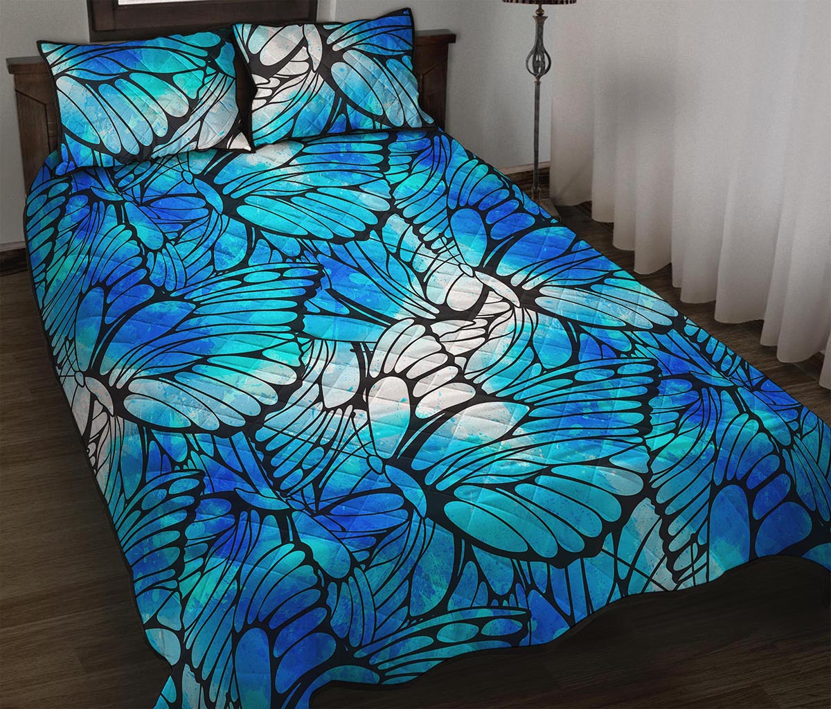 Blue Butterfly Wings Pattern Print Quilt Bed Set