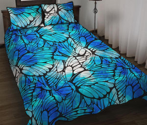 Blue Butterfly Wings Pattern Print Quilt Bed Set