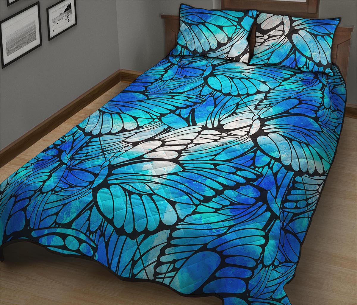 Blue Butterfly Wings Pattern Print Quilt Bed Set