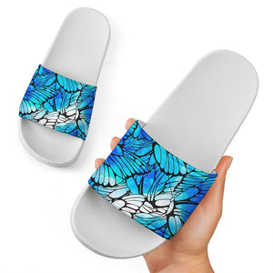 Blue Butterfly Wings Pattern Print White Slide Sandals