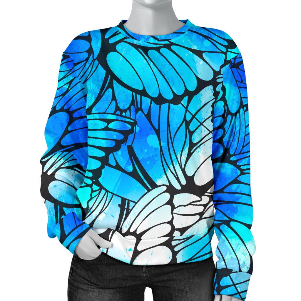 Blue Butterfly Wings Pattern Print Women's Crewneck Sweatshirt GearFrost