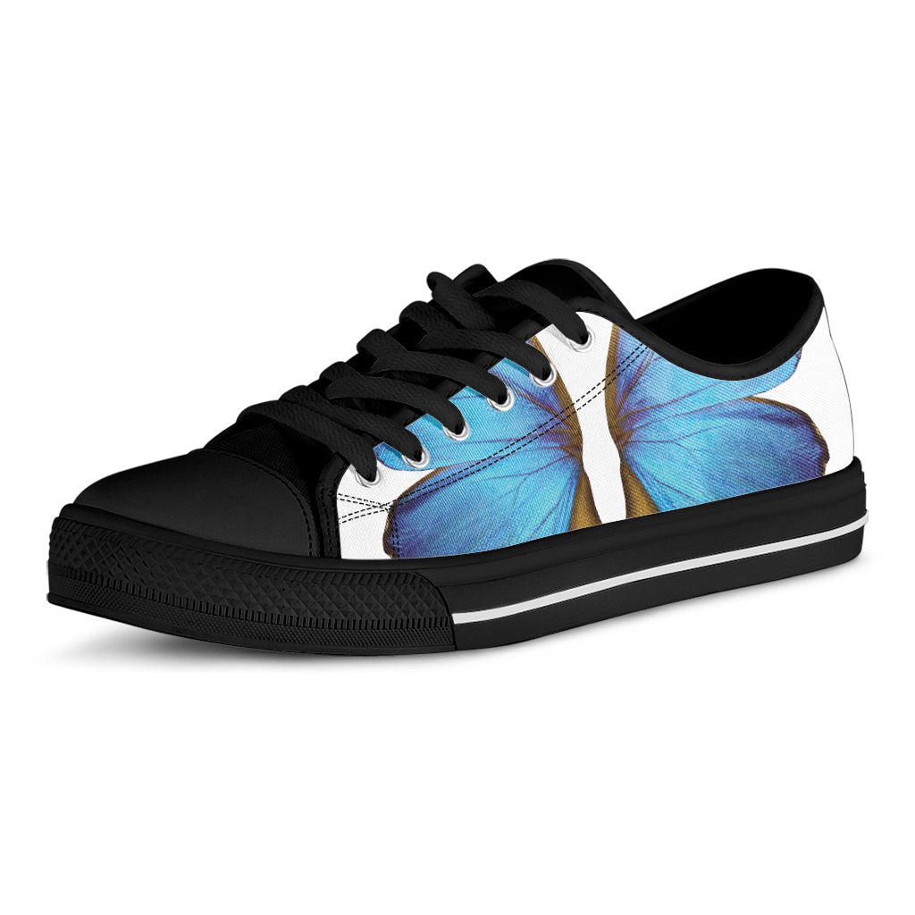 Blue Butterfly Wings Print Black Low Top Shoes 