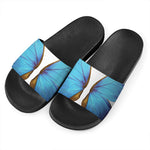 Blue Butterfly Wings Print Black Slide Sandals