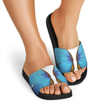 Blue Butterfly Wings Print Black Slide Sandals