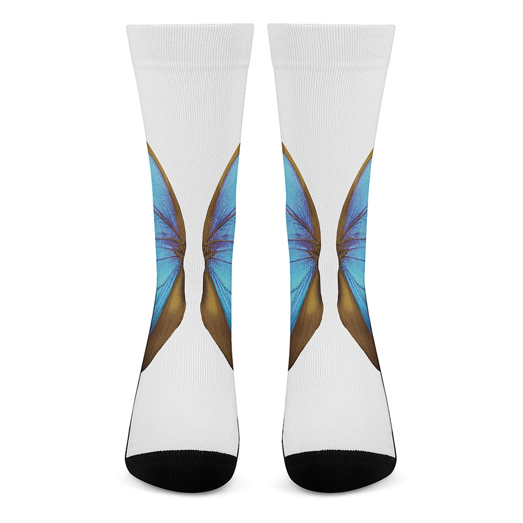 Blue Butterfly Wings Print Crew Socks