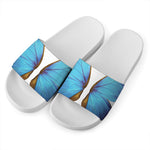 Blue Butterfly Wings Print White Slide Sandals