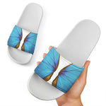 Blue Butterfly Wings Print White Slide Sandals