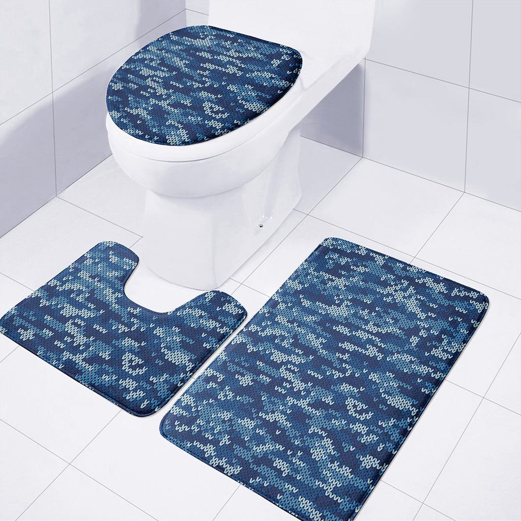 Blue Camouflage Knitted Pattern Print 3 Piece Bath Mat Set