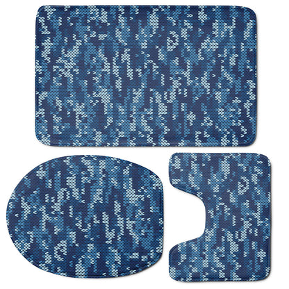 Blue Camouflage Knitted Pattern Print 3 Piece Bath Mat Set