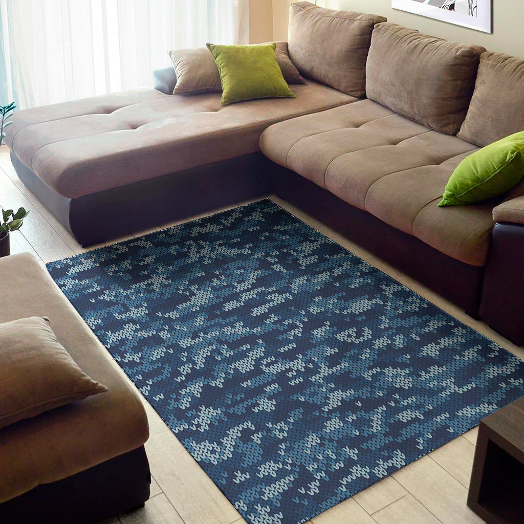 Blue Camouflage Knitted Pattern Print Area Rug