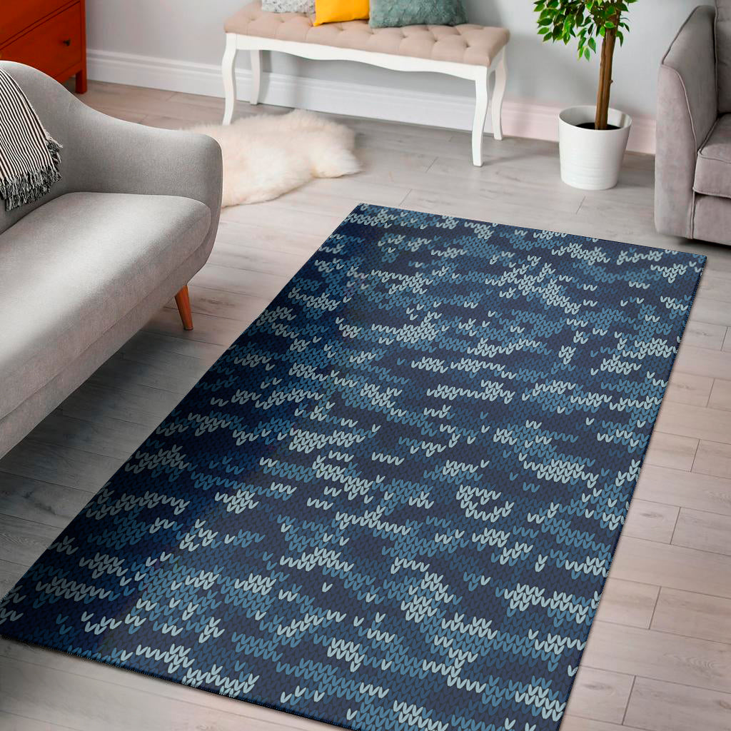 Blue Camouflage Knitted Pattern Print Area Rug
