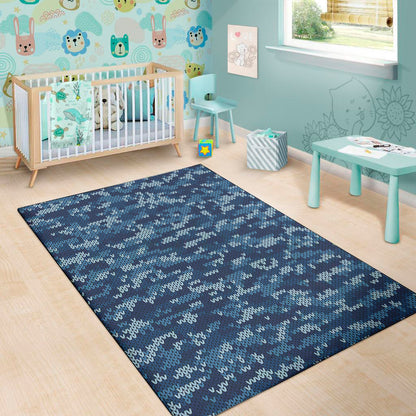 Blue Camouflage Knitted Pattern Print Area Rug