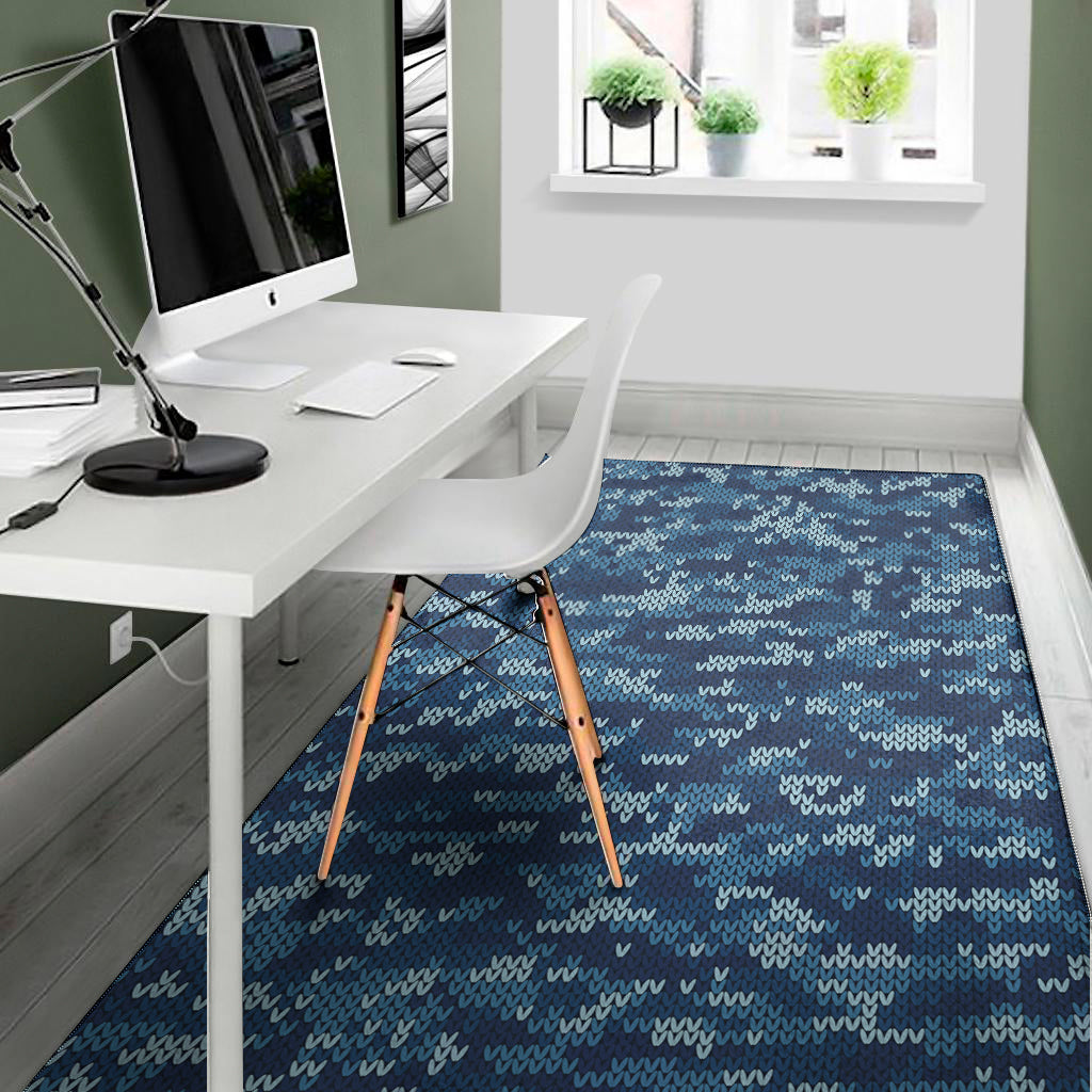 Blue Camouflage Knitted Pattern Print Area Rug