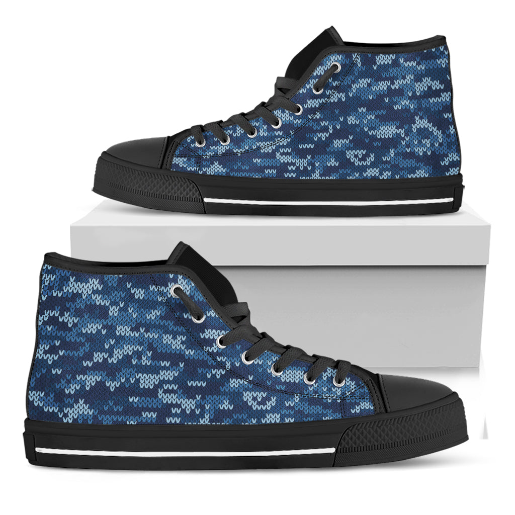 Blue Camouflage Knitted Pattern Print Black High Top Shoes
