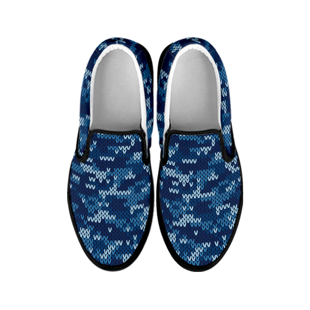Blue Camouflage Knitted Pattern Print Black Slip On Shoes