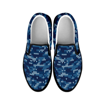 Blue Camouflage Knitted Pattern Print Black Slip On Shoes