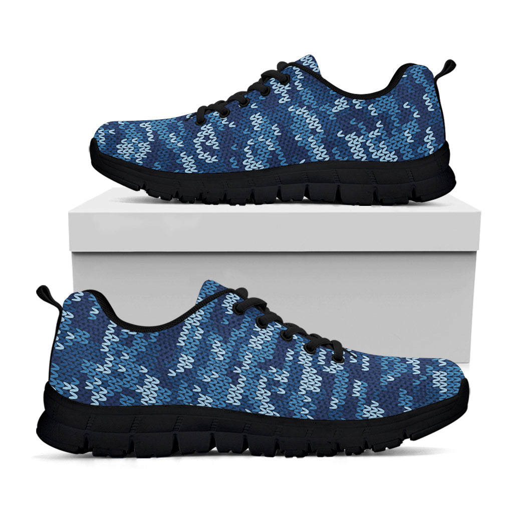 Blue Camouflage Knitted Pattern Print Black Sneakers