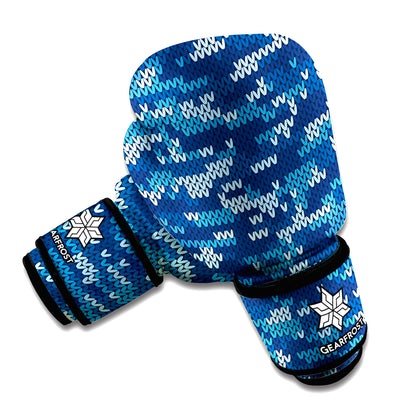 Blue Camouflage Knitted Pattern Print Boxing Gloves