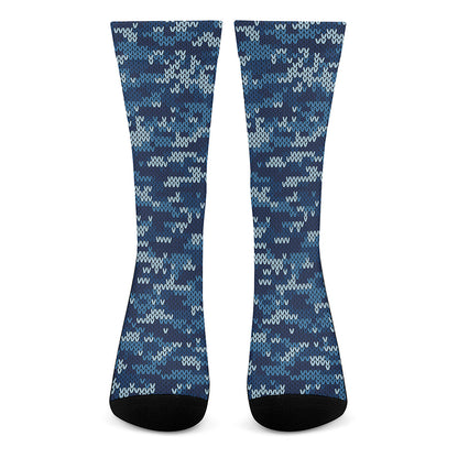 Blue Camouflage Knitted Pattern Print Crew Socks