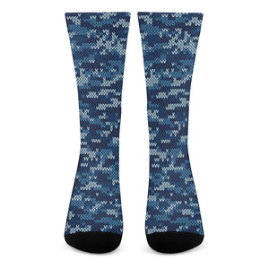 Blue Camouflage Knitted Pattern Print Crew Socks