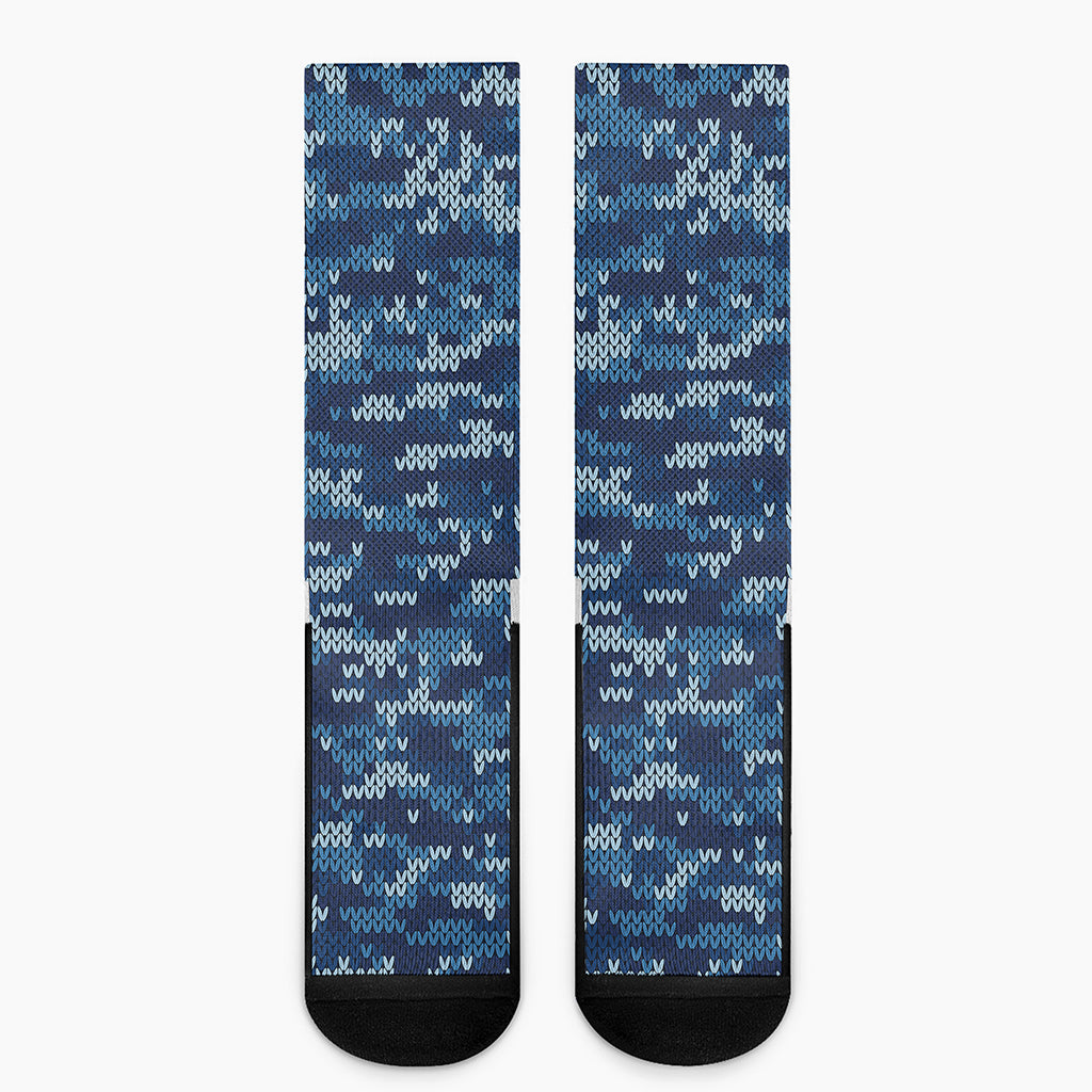 Blue Camouflage Knitted Pattern Print Crew Socks