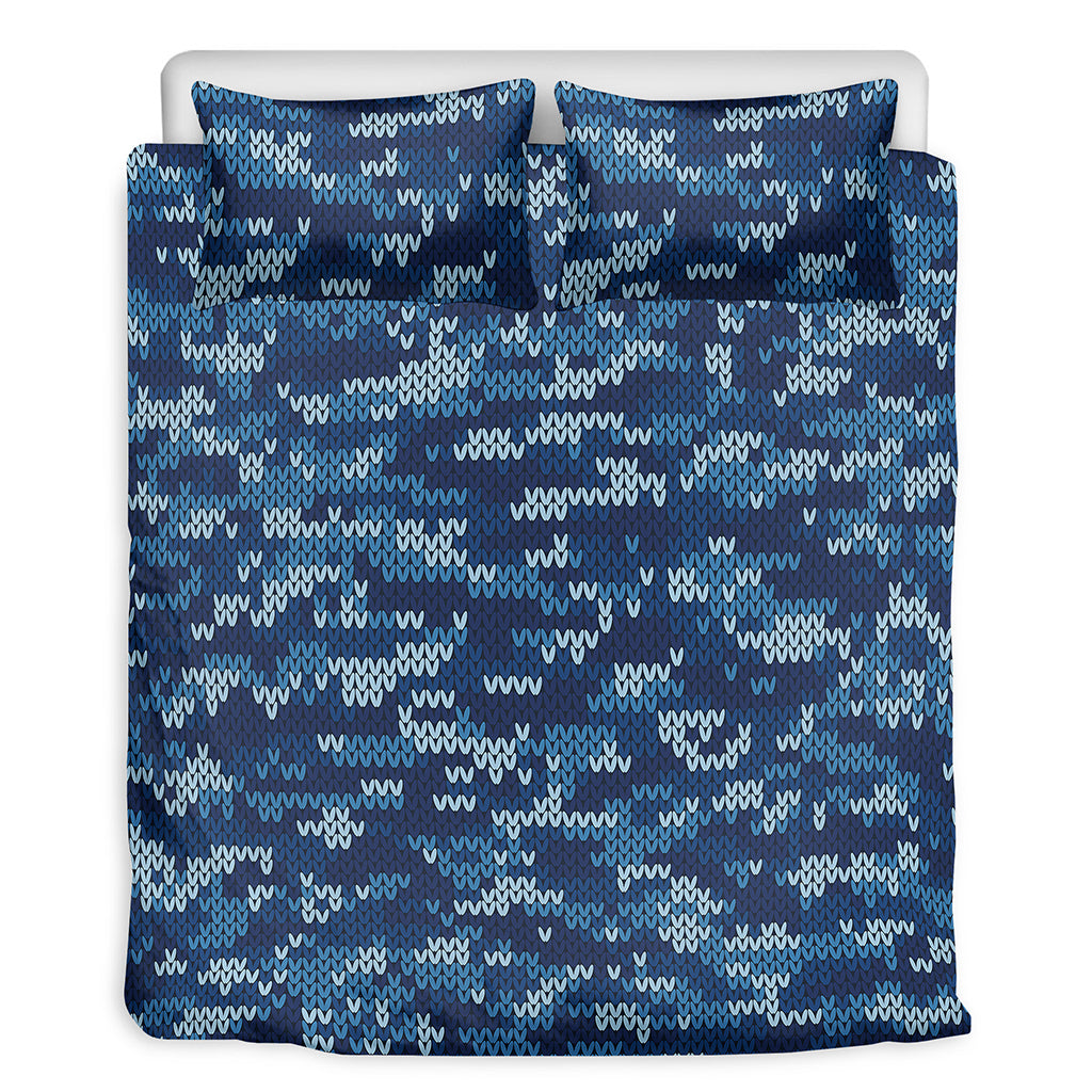 Blue Camouflage Knitted Pattern Print Duvet Cover Bedding Set