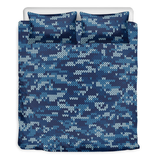 Blue Camouflage Knitted Pattern Print Duvet Cover Bedding Set