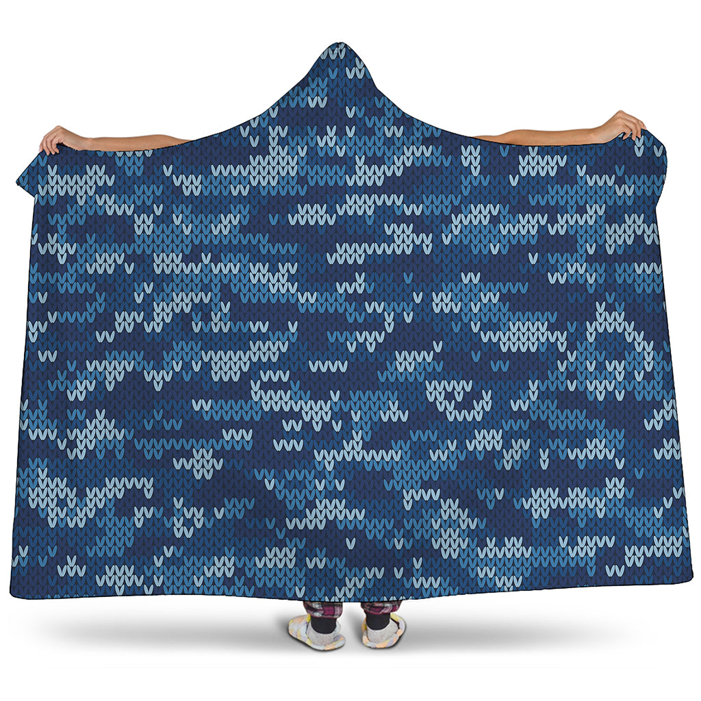 Blue Camouflage Knitted Pattern Print Hooded Blanket
