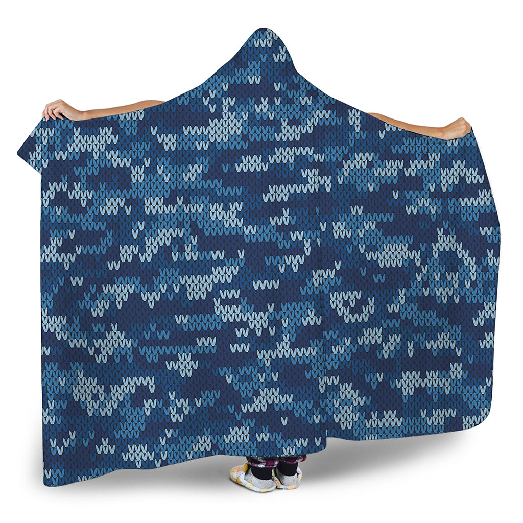 Blue Camouflage Knitted Pattern Print Hooded Blanket