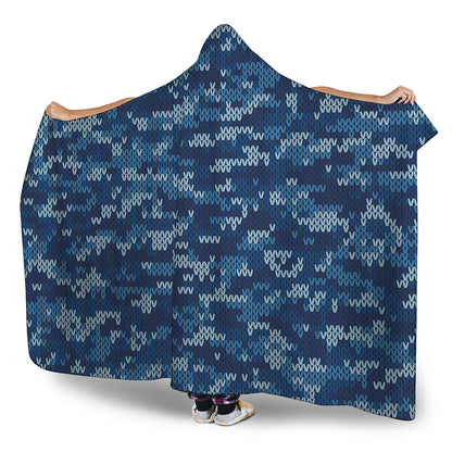Blue Camouflage Knitted Pattern Print Hooded Blanket