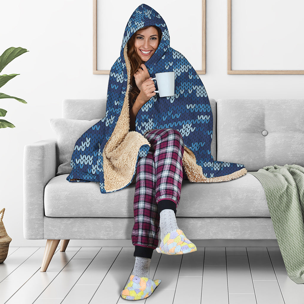 Blue Camouflage Knitted Pattern Print Hooded Blanket