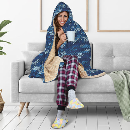 Blue Camouflage Knitted Pattern Print Hooded Blanket